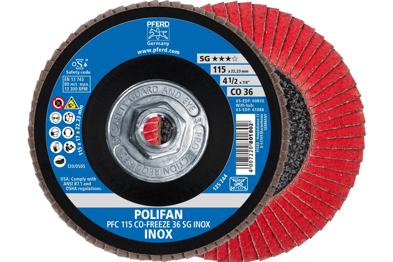 Picture of Pferd Flap Disc, 4-1/2" x 5/8-11, CO-Freeze SG Inox, 36 Grit, T29, Conical, Ceramic